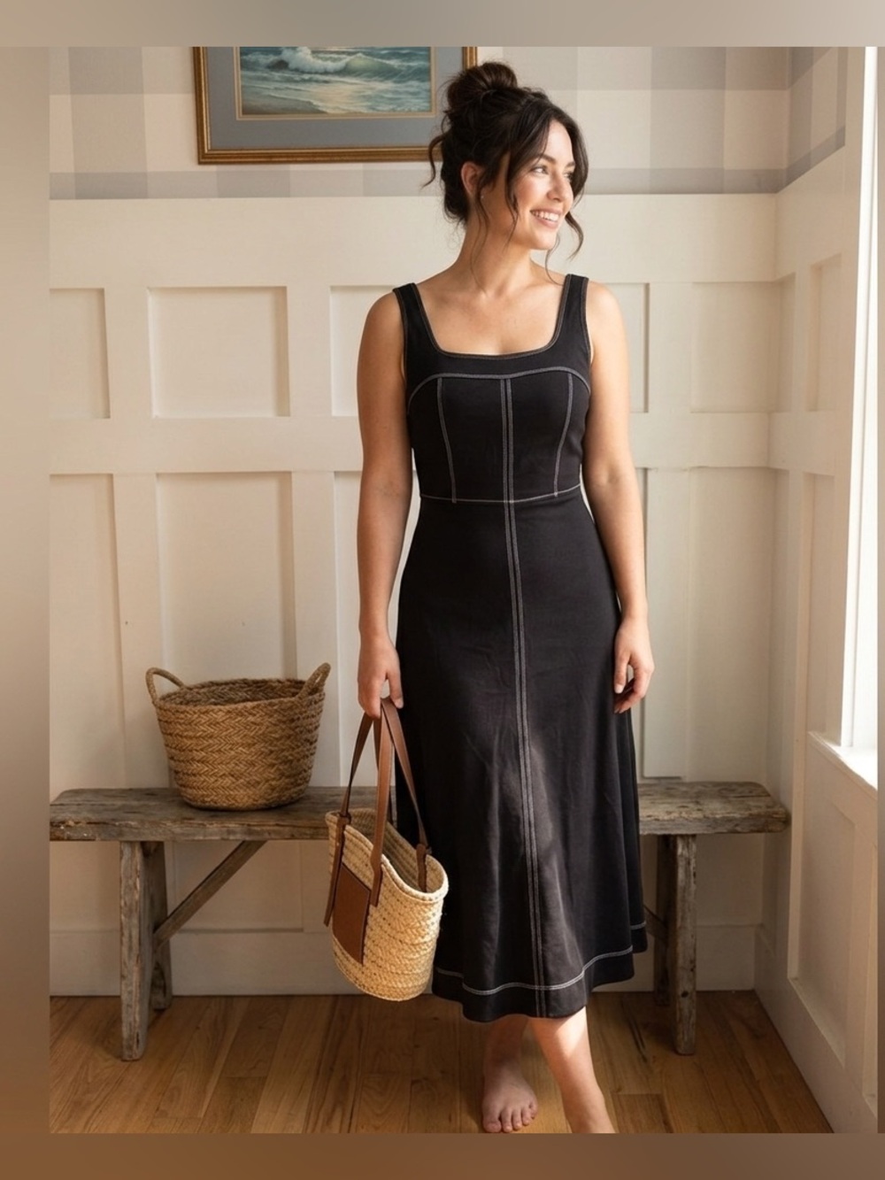 LOFT Black Midi Tank Dress with White Contrast Stitching Classic Coastal 2